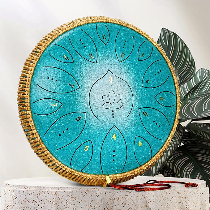 Steel Tongue Drum 13 Inches 15 Notes, Hand Pan Drums for Adults 440hz, C Major Handpan Musical Instrument with Song Book, Mallets and Carry Bag, Malachite Green - Bloomnest