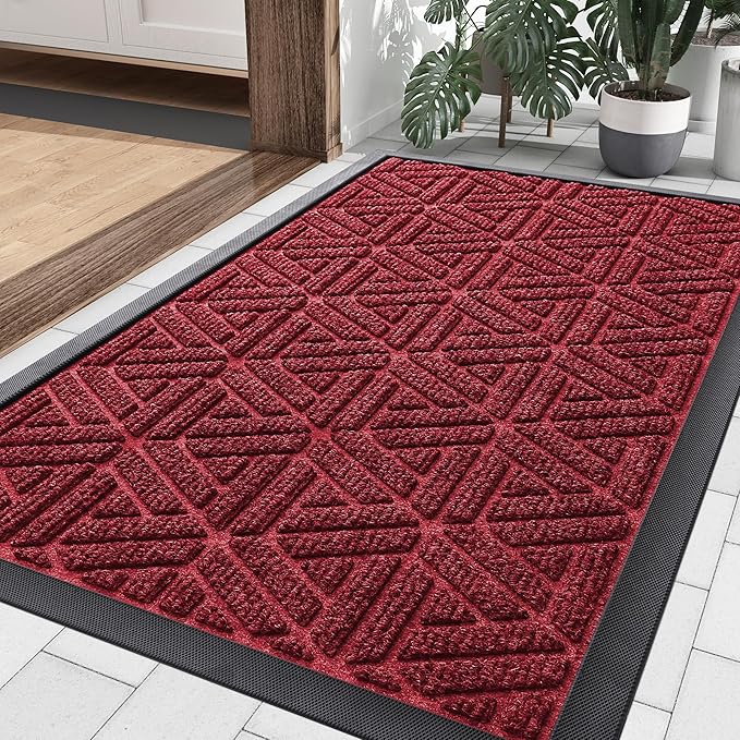 Smiry Front Door Mat Outside Entrance, Heavy Duty Sturdy Natural Rubber Doormat, Trap Dirt and Moisture, Easy Clean Low Profile Mats for Indoor Outdoor Entry, Grid Geometric (29.5x17, Wine Red) - Bloomnest