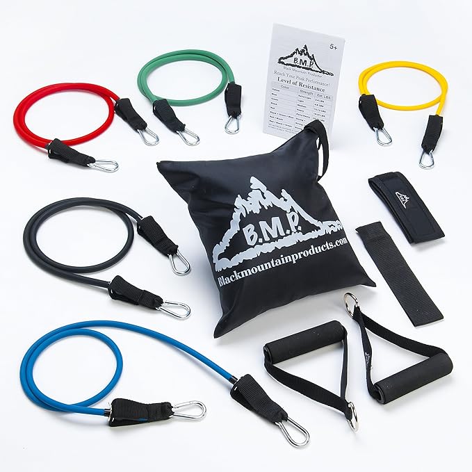 Black Mountain Products Resistance Band Set with Door Anchor, Ankle Strap, Exercise Chart, and Carrying Case, 48" - Bloomnest