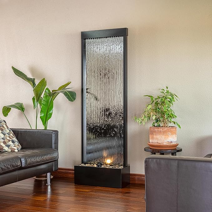 Alpine Corporation Mirror Waterfall Fountain with Stones and Lights - Zen Indoor/Outdoor Decor for Office, Living Room, Patio, Entryway - 72 Inches - Bloomnest
