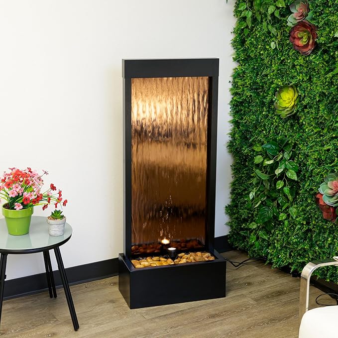 Alpine Corporation - Mirror Waterfall Fountain with Stones & Lights - Zen Indoor/Outdoor Decor for Office, Living Room, Patio, Entryway - 48 Inches (Bronze) - Bloomnest
