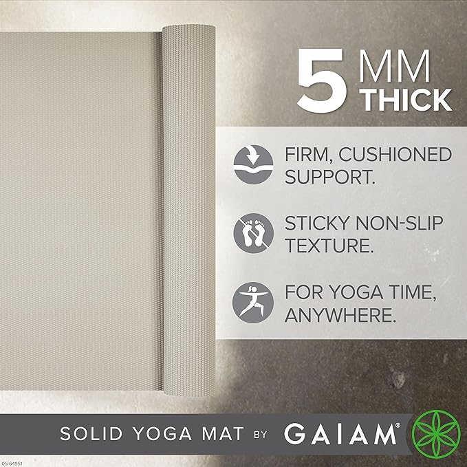 Gaiam Yoga Mat - Premium 5mm Solid Thick Non Slip Exercise & Fitness Mat for All Types of Yoga, Pilates & Floor Workouts (68" x 24" x 5mm) - Bloomnest