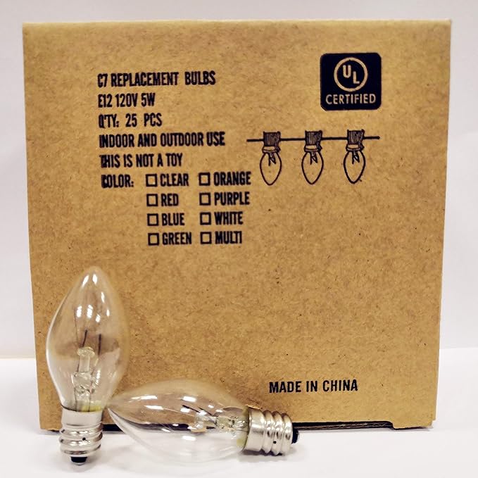 SUNSGNE 25 Pack C7 Clear Replacement Bulbs Christmas Light Bulbs, Outdoor Patio String Light Bulbs, C7 Night Light Replacement Bulbs, E12/C7 Candelabra Base, 5 Watt- Clear - Bloomnest