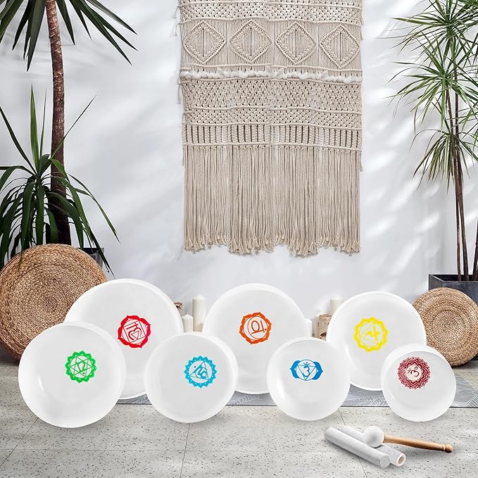 Ryan Dvan 432Hz 7-12 Inch 7 Chakra Design Crystal Singing Bowl Set Frosted Quartz Crystal Sound Therapy Kit with Mallets 2 Cases O-Ring for Yoga Meditation Energy Balancing Reiki Healing - Bloomnest