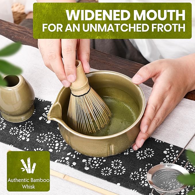 Matcha Whisk Set – 5 Piece Japanese Matcha Tea Set w/Ceramic Matcha Bowl, 100-Prong Bamboo Whisk & Holder, Scoop, & Stainless Sifter – Traditional Matcha Making Kit (Mottled Green) - Bloomnest