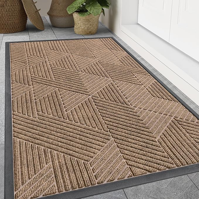 Smiry Front Door Mat Outside Entrance, Heavy Duty Sturdy Natural Rubber Doormat, Trap Dirt and Moisture, Easy Clean Low Profile Mats for Indoor Outdoor Entry, Irregular Triangle (59x35, Coffee) - Bloomnest