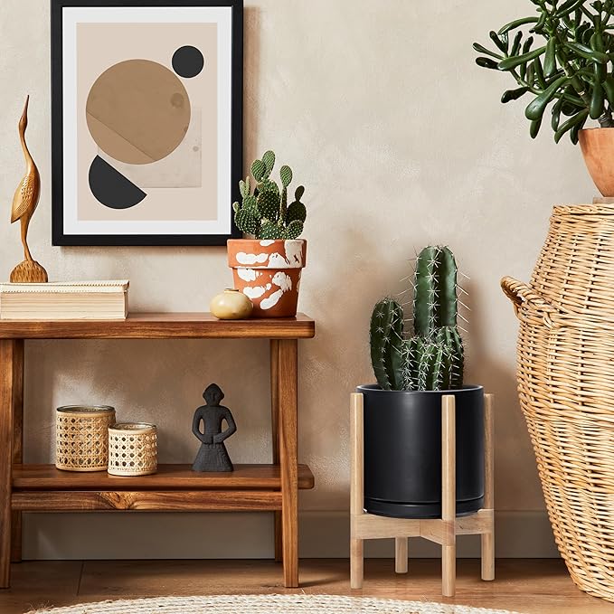D'vine Dev Ceramic Planter with Natural Stand - 10 Inch Modern Round Flower Pot with Wood Planter Holder, Black, 55-B-K-2 - Bloomnest