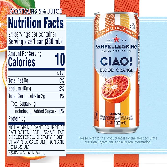 Sanpellegrino CIAO Blood Orange Sparkling Water, Low-Calorie Italian Sparkling Water with Real Fruit Juices, 0g Added Sugar, 24-Pack - Bloomnest