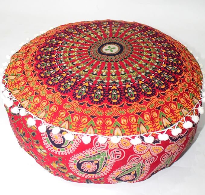 INDIAN CRAFT CASTLE ICC Red Peacock Mandala Barmeri Large Floor Pillow Cover Cushion Meditation Seating Ottoman Throw Cover Hippie Decorative Zipped Bohemian Pouf Ottoman Cases 16" Round - Bloomnest