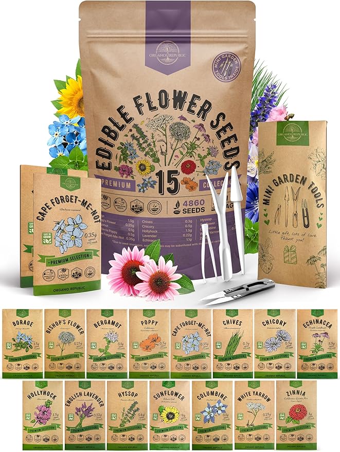 Organo Republic 15 Edible Flower Seeds Variety Pack- Indoor/Outdoor. 4800+ Non-GMO Heirloom Flower: Borage, Bishop's Flower, Chicory, Chives, Hyssop, Echinacea, Lavender Seeds & More - Bloomnest