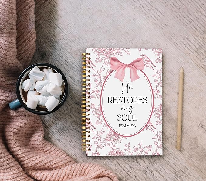 Christian Notebook for Women, Christian Art Gifts Journal, Prayer Journal for Women, Bible Journaling Notebook, PSALM 23:3 He Restores My Soul Floral Spiral Notebook 5.5x8.3 - Bloomnest