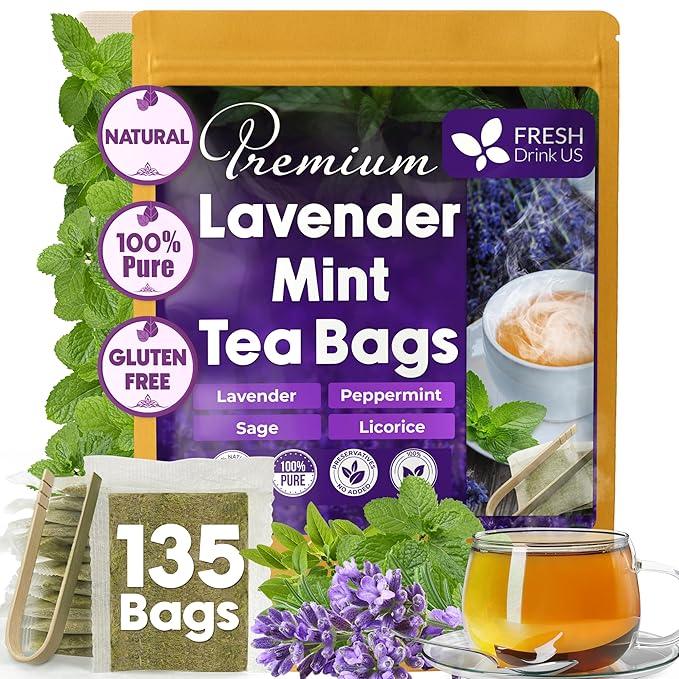FreshDrinkUS, Premium 135 Tea Bags Lavender Mint Tea, 100% Natural, Blend of Lavender, Peppermint, Sage and Licorice. Made with Natural Material Tea Bags. No Sugar, No Caffeine, Vegan. - Bloomnest