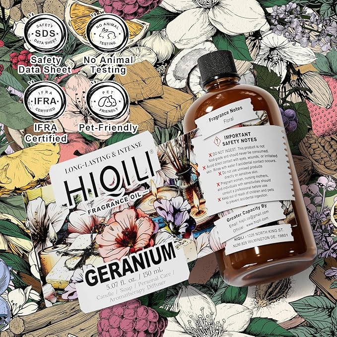 HIQILI Geranium Fragrance Oil for Home Diffuser, Relaxation, Essential Oil for Candle & Soap Making, Long-Lasting Scents, Car Freshies - 5.07 Fl Oz - Bloomnest