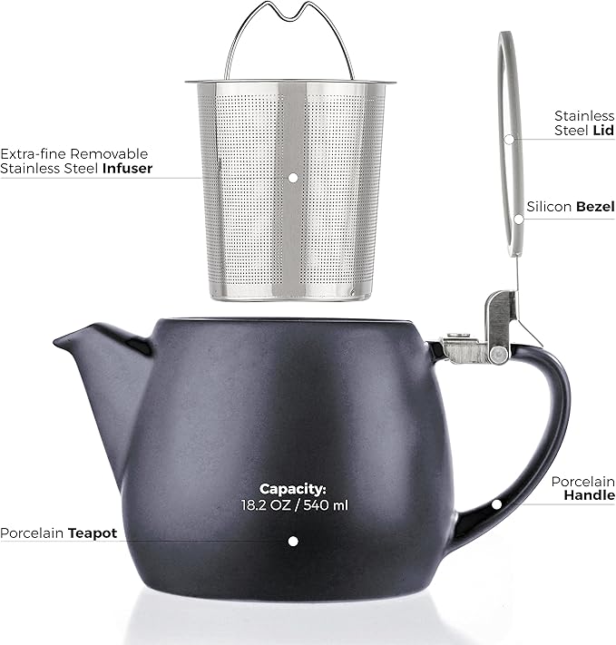 Tealyra - Pluto Porcelain Small Teapot Black - 18.2-ounce (1-2 cups) - Matte Finish - Stainless Steel Lid and Extra-Fine Infuser To Brew Loose Leaf Tea - 540ml - Bloomnest