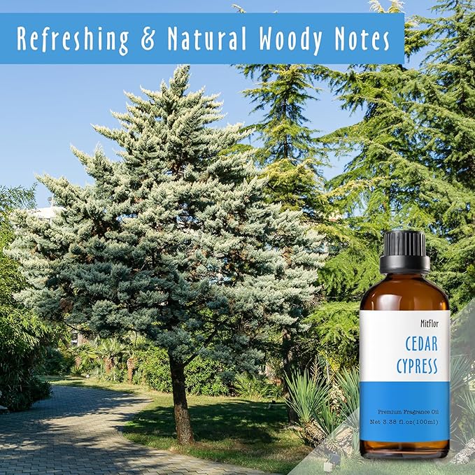 Cedar Cypress Fragrance Oil (3.38 OZ/100ML), MitFlor Single Essential Diffuser Oil, Premium Grade Fragrance Oil for Soap & Candle Making, Large Size Aromatherapy Oil, Woody Scent for Home Fragrance MitFlor