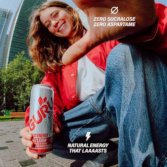 GURU Lite Organic Energy Drinks, Clean Energy Drink with Plant Based Natural Caffeine from Green Tea, Low Calorie, Gluten Free and Vegan, 140MG Caffeine, Healthy Drinks, 12oz (Pack of 24) - Bloomnest