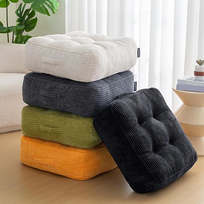 8" Washable Floor Pillow Cushion for Adults, Meditation Cushion Pillow, Large Square Floor Sitting, Removable Tufted Corduroy Cover, for Tatami Living Room or Yoga, 22x22 Inch, 2Pack, Machine Washable - Bloomnest