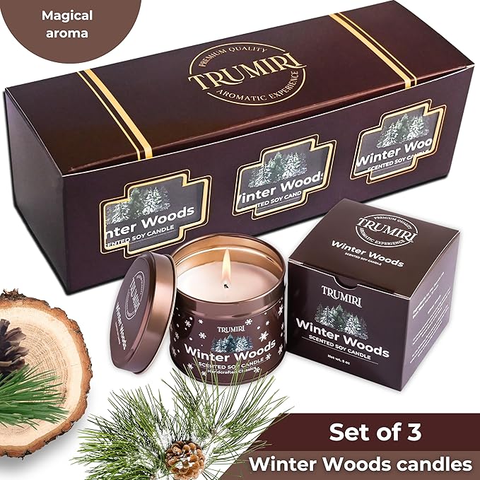 Winter Woods - Soy Candles for Home Scented - for Fall Christmas Holidays - Pack of 3 x 5oz Natural Clean Non Toxic - Long Lasting Highly Scented Pet Safe - Velas Aromáticas para el Hogar Pine Candel TRUMIRI