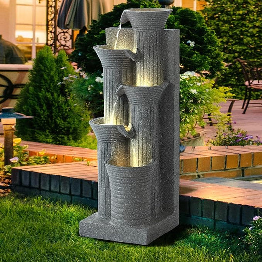 MAGIC UNION Outdoor Water Fountain, 5 Tiers Cascading Waterfall Indoor Water Feature Garden Decor with LED Lights, Patio Resin Fountains for Yard, Deck, Porch and Home, Bamboo Element (Light Gray) - Bloomnest