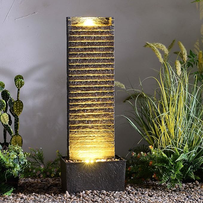 Indoor/Outdoor Water Fountain with LED Lights – Vintage Rock Design and Relaxing Waterfall Feature for Home, Garden, or Office (Straight Slate Stone)