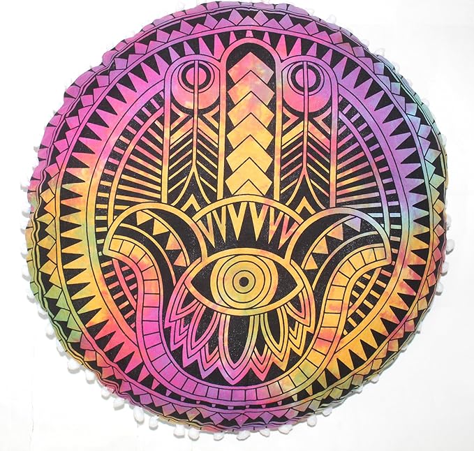 CRAFT KALA Boho Large Floor Pillow Pouf Cover Mandala Meditation Room Pillow Cover for Adults Round Bohemian Seating Pouf Cushion Cover for Kids Playroom 22" Multi Hamsa - Bloomnest
