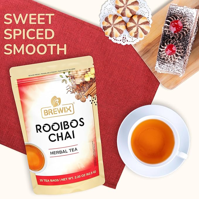 BREWIX, Rooibos Chai Tea Bags (25 Pyramid Tea Bags) Caffeine-Free, Herbal Tea, South African Red Tea | Rooibos, Cardamom, Cinnamon, Black Pepper, Nutmeg, Ginger & Clove - Bloomnest
