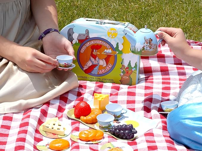 Regal Games Old Macdonald’s Tea Time - Barnyard Animal Designed Kid's Tea Time Set - Includes 1 Teapot, 4 Cups, 4 Saucers, 1 Platter & Storage Case - Ideal Birthday & Easter Gift for Ages 5+