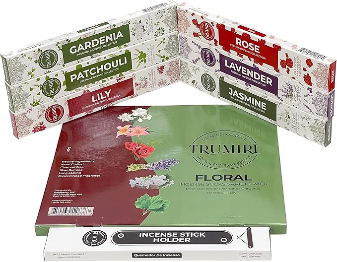 Floral Incense Sticks Variety Pack - 120 Insence-Sticks (6 Incents x 20 Insense) - Rose Lavender Jasmine Patchouli Gardenia Lily - Natural Inscents-Sticks Non Toxic Incienso with Stick Incense Holder - Bloomnest