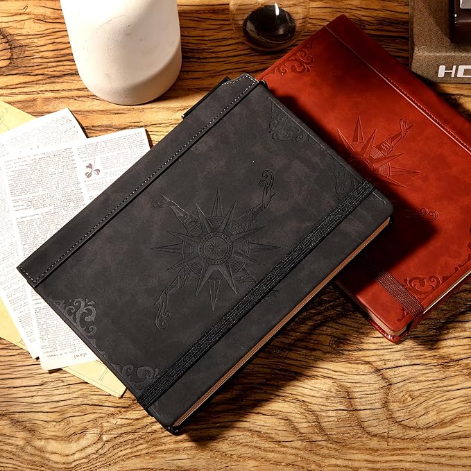 CAGIE Compass Leather Notebook Journal for Men, 100 GSM 288 Pages Lined Journals for Writing, A5 Hardcover Journaling Notebooks Gift Set with Pen for Travel Office Daily Writing - Bloomnest