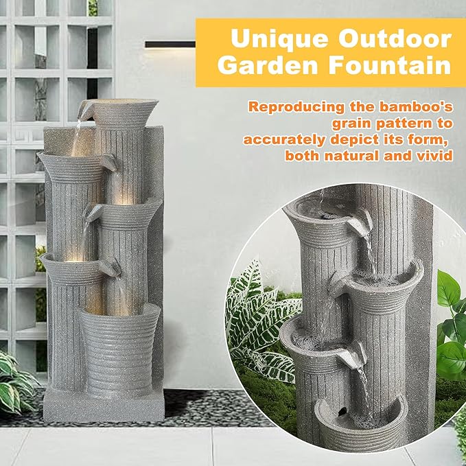 MAGIC UNION Outdoor Water Fountain, 5 Tiers Cascading Waterfall Indoor Water Feature Garden Decor with LED Lights, Patio Resin Fountains for Yard, Deck, Porch and Home, Bamboo Element (Light Gray) - Bloomnest