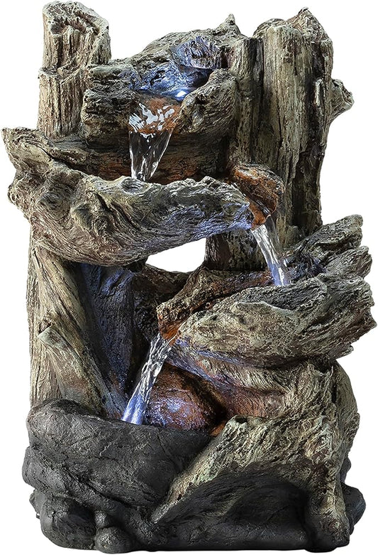 Alpine Corporation | 14"H Indoor Tiered Log Tabletop Fountain with LED Lights — Cascading Waterfall Design Creates Relaxing Ambiance for Home & Office Décor - Bloomnest