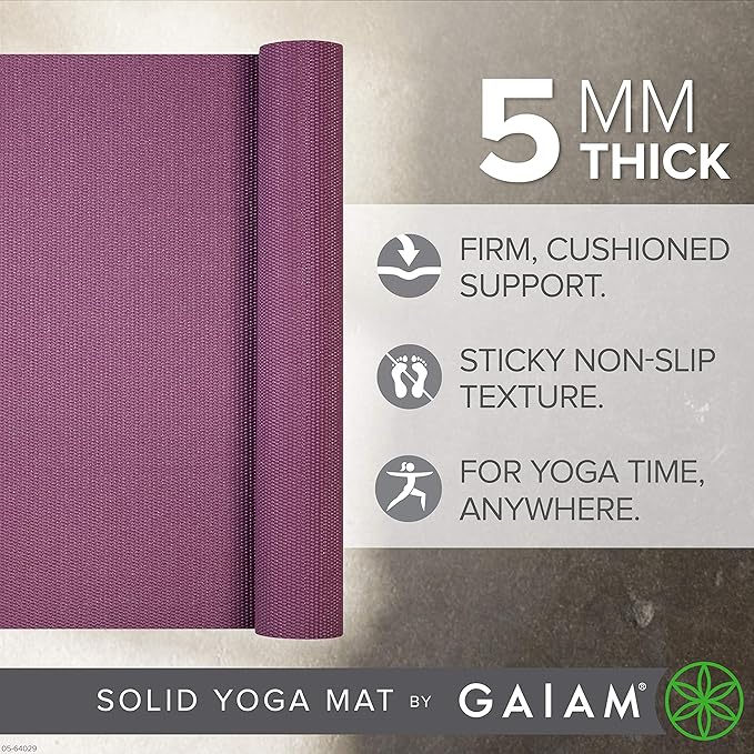 Gaiam Yoga Mat - Premium 5mm Solid Thick Non Slip Exercise & Fitness Mat for All Types of Yoga, Pilates & Floor Workouts (68" x 24" x 5mm) - Bloomnest