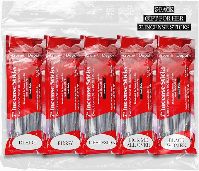 Gift for Her 7'' Incense Sticks - Variety Set 500 Pack - 7 inch - 5 Bundles 100 Sticks Per Fragrance Scent. Set Features Desire, Pussy, Obsession, Lick Me All Over, Black Women Type AromaDepotInc