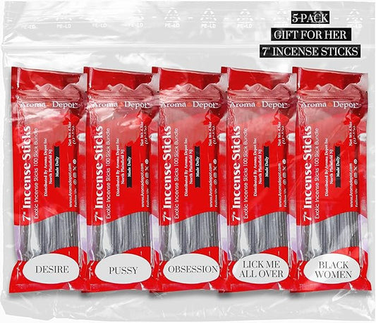 Gift for Her 7'' Incense Sticks - Variety Set 500 Pack - 7 inch - 5 Bundles 100 Sticks Per Fragrance Scent. Set Features Desire, Pussy, Obsession, Lick Me All Over, Black Women Type AromaDepotInc