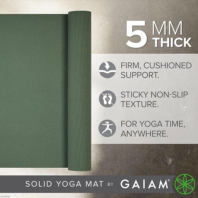 Gaiam Yoga Mat - Premium 5mm Solid Thick Non Slip Exercise & Fitness Mat for All Types of Yoga, Pilates & Floor Workouts (68" x 24" x 5mm) - Bloomnest