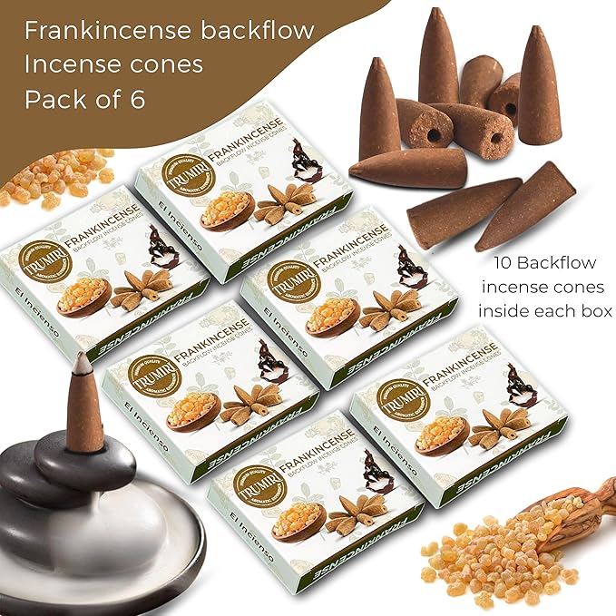 Frankincense Backflow Incense Cones - 60 Cones, Six Packs of 10, Waterfall Effect TRUMIRI
