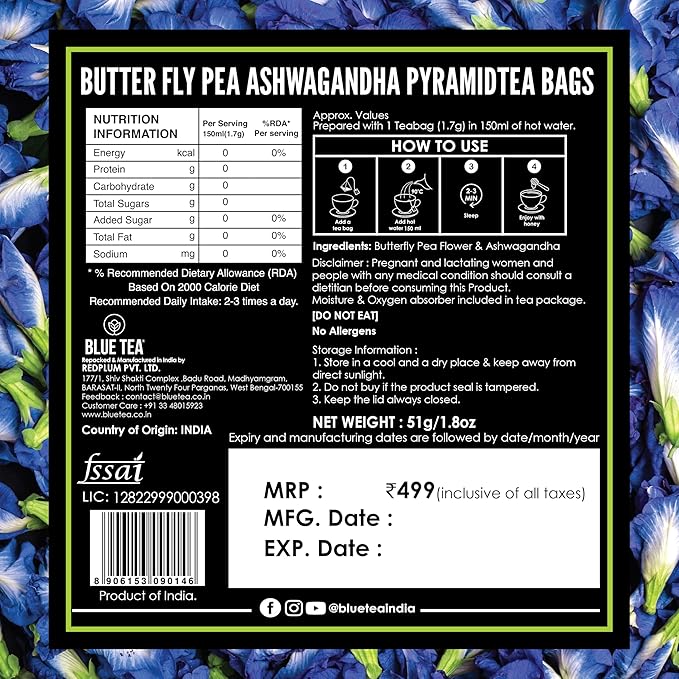 BLUE TEA - Blue Flower Ashwagandha Tea Bags - 30 Pyramid Tea Bags Used in Food, Iced Tea, Cooler, Mocktails | Eco-Conscious Tin Pack - GIFT | - Bloomnest