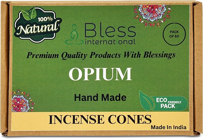 Bless International Opium 100%-Natural-Incense-Cones Handmade-Hand-Dipped Organic-Chemicals-Free for-Purification-Relaxation-Positivity-Yoga-Meditation The-Best-scents (60 Count)