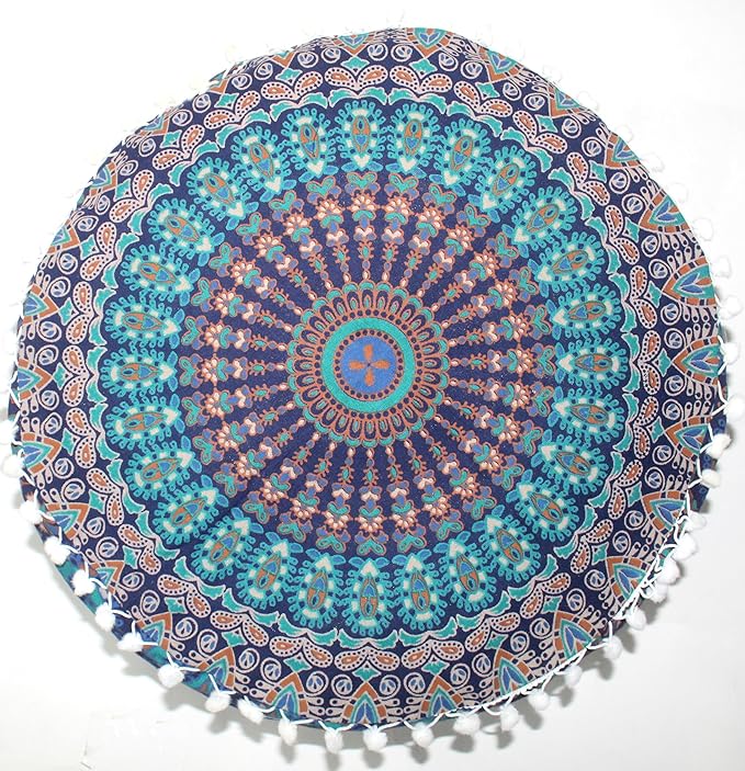 INDIAN CRAFT CASTLE ICC Mandala Barmeri Large Floor Pillow Cover Cushion Meditation Seating Ottoman Throw Cover Hippie Decorative Zipped Bohemian Pouf Ottoman Cases Blue Peacock 18" Round - Bloomnest