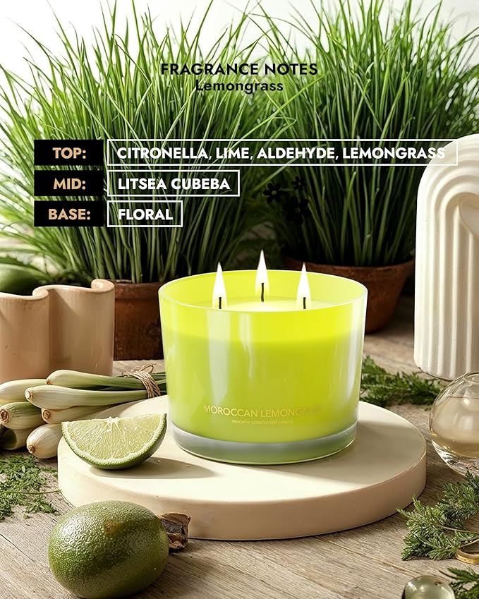 96NORTH Luxury Lemongrass Candle | Large 3-Wick Jar Candle | Up to 40 Hours Burning Time | 100% Natural Soy Wax | Relaxing Aromatherapy Aesthetic Candle | Housewarming Gift for Men and Women - Bloomnest