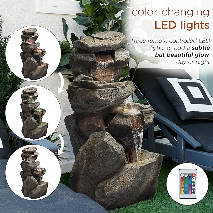 Alpine Corporation WIN1184 40" 3-Tier Outdoor Rock Waterfall Floor Fountain with Color-Changing LED Lights, Cascading Water Feature for Gardens, Patios, and Yards, Gray - Bloomnest