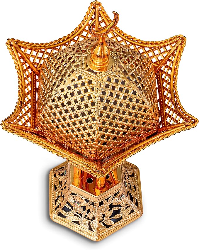 AM Bakhoor Charcoal Incense Burner – Luxury Gold Frankincense Resin Burner for Oud, Bakhoor, Incense Sticks & Cones – Decorative Metal Holder with Removable Lid & Safe Flame Control (Gold) - Bloomnest