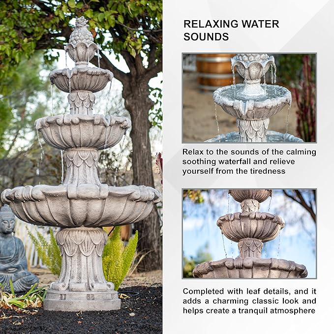 58.3" 3-Tier Outdoor Freestanding Water Fountain - Classic Leaf Design, Large Bird Bath with Pump - Ideal for Yard, Lawn and Garden Décor - Bloomnest