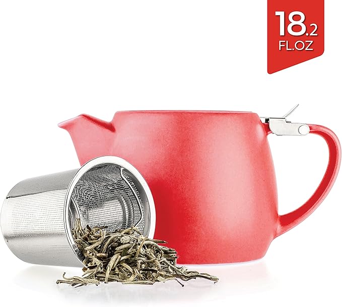 Tealyra - Pluto Porcelain Small Teapot Red - 18.2-ounce (1-2 cups) - Matte Finish - Stainless Steel Lid and Extra-Fine Infuser To Brew Loose Leaf Tea - 540ml - Bloomnest