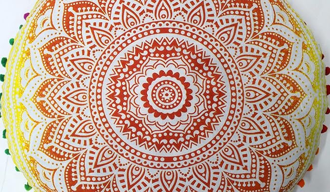 CRAFT KALA 32" Large Round Bohemian Floor Pillow Pouf Cover Mandala Meditation Room Pillow Cover for Adults Boho Seating Poufs Cushion Cover for Kids Playroom Yellow Orange Ombre - Bloomnest