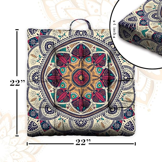 Mandala Meditation Cushion, Boho Meditation Mat, Meditation Pillows for Sitting on Floor, Cushions for Sitting in Home and Outdoor, Square Floor Pillows Cushion Seating for Yoga 22'' x 22'' - Bloomnest