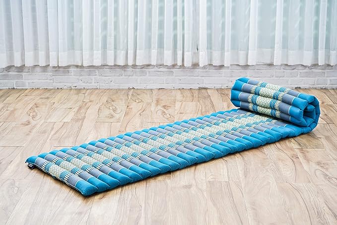 Leewadee - Foldable Floor Mattress - Japanese Roll Up Futon -Trifold Tatami Mat- Guest Floor Bed - Camping Mattress - Thai Massage Mat, Kapok Filled, 75 x 20 inches, Light Blue - Bloomnest