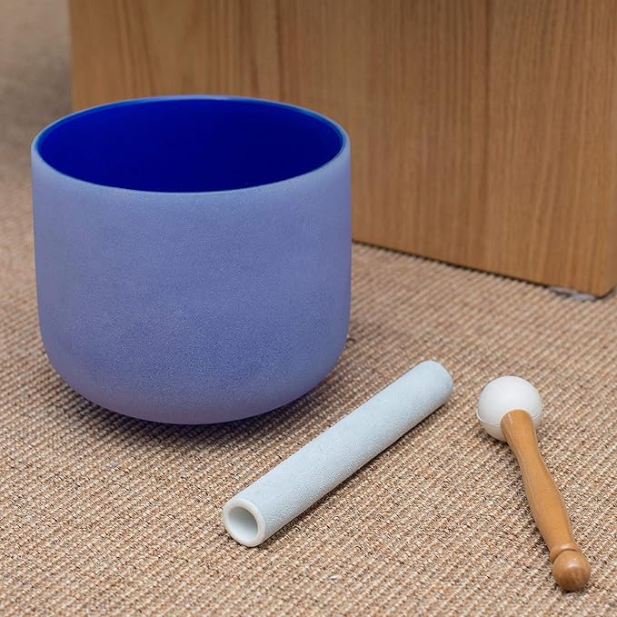 Leize Quartz Crystal Singing Bowl A# Note Third Eye Chakra Dark Blue 8" with Heavy Duty Carrying Case Suede Striker