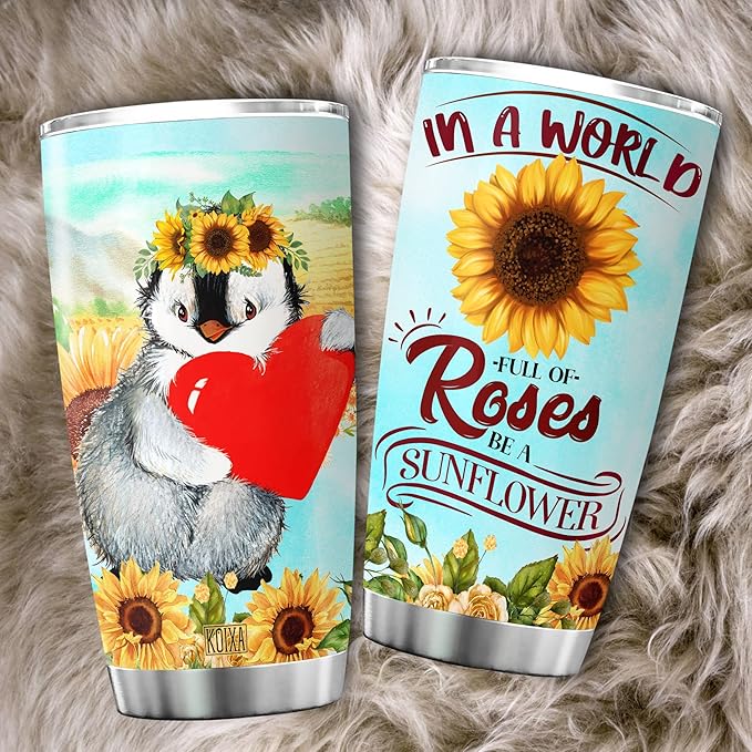 Penguin Stainless Steel Tumbler 20 Oz In A World Full Of Roses Be A Sunflower Insulated Coffee Cup With Lid Cute Animal Mug Sunflowers Penguins Gifts Idea For Christmas Xmas - Bloomnest