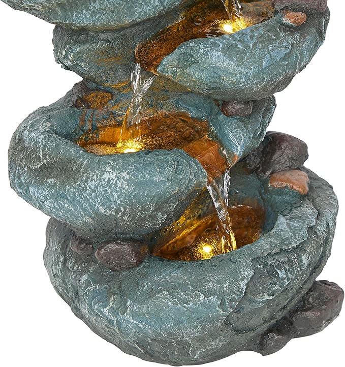Alpine Corporation TZL418 14" 3 Tier Rock Fountain with LED Lights, Elegant Cascading Water Feature for Tabletop, Indoor Decor, Relaxing Stone Waterfall for Home & Office, Gray - Bloomnest